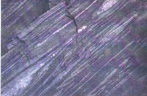 Detail of strongly sheared Kohistan arc rocks with highly attenuated Confluence granite sheets.