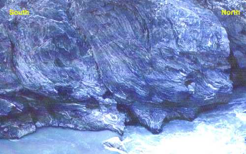 Subsidiary shears which deform foliation within the Kohistan Arc.